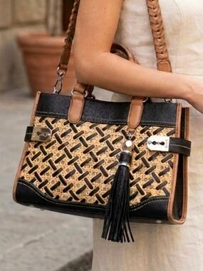 Rafe NY Leather & Wicker Tote Handbag Crossbody Bag Black & Tan with Tassel